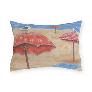 Seagulls Beach Scene Outdoor Pillow: UV & Water-Resistant Patio Decor