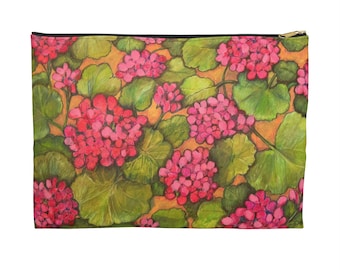 Red Geraniums Accessory Pouch, Hand Painted Floral Art Flat Zipper Bag, Geranium Garden Botanical Soft Pencil Case Makeup Organizer Gift