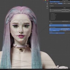 Puede incluir: Un modelo 3D de una mujer con cabello largo, liso, rosa y azul. Lleva un collar blanco con un colgante dorado. El modelo est&aacute; equipado con una serie de l&iacute;neas y puntos, lo que indica que est&aacute; listo para la animaci&oacute;n.