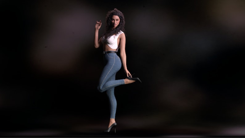Puede incluir: Una mujer con el pelo oscuro y rizado lleva un top blanco corto, unos vaqueros azules y tacones negros altos. Est&aacute; posando con una pierna levantada y la mano en la cadera.