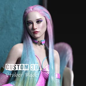 Puede incluir: Una mujer con el pelo largo, rosa y azul lleva una blusa de lunares rosa y blancos y un collar negro con un dije de coraz&oacute;n. El texto "CUSTOM 3D Vtuber Model" es visible en la imagen.