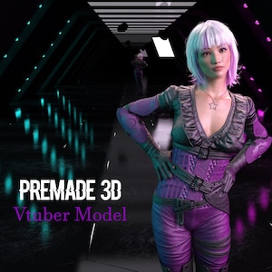 Op de afbeelding: Een 3D virtueel karaktermodel met paars haar en een paars-zwarte outfit. Het karakter staat in een futuristische, neonverlichte gang. De tekst "PREMADE 3D Vtuber Model" wordt onderaan de afbeelding weergegeven.