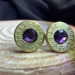 Äkta .357 SIG Bullet Örhängen – Mörkplommonkristall Speer-höljeörhängen – Handgjorda ammunitionssmycken – Västerländska rustika statementörhängen