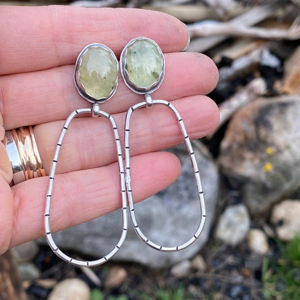 Prehnite, green, hoop earrings, sterling silver, fine silver