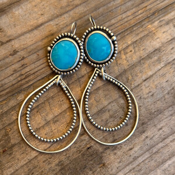 Sterling silver and turquoise statement earrings, sterling and fine silver, handmade