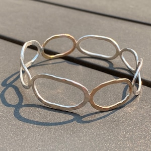 Gold, Sterling silver, bangle bracelet, 12k gold plated, hammered, 8 inches