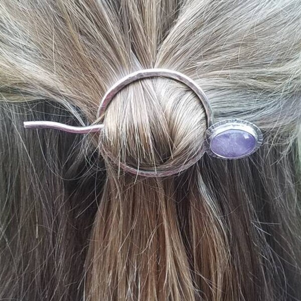 Amethyst, hair pick and hoop, sterling silver, fine silver, small, fine to thick hair