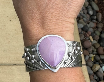 Sterling silver, cuff bracelet, phosphosiderite, pink, teardrop, handmade, 6 inches with a 1 inch gap