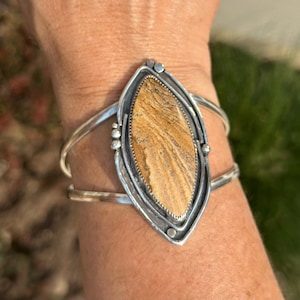 Jasper cuff bracelet. Sterling silver and fine silver. Handmade. 6 inches with a 1 inch gap.