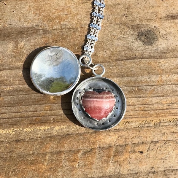 Sterling silver locket, rhodochrosite heart, fine silver, pink, 18 inch chain