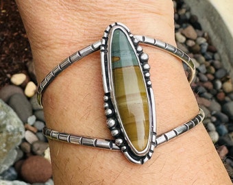 Jasper cuff bracelet, sterling silver, fine silver, handmade, 6 inches