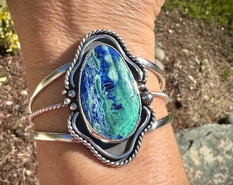 Cuff bracelet, malachite/azurite, sterling silver, fine silver, handmade. 5.75 inches. Medium to small wrist.
