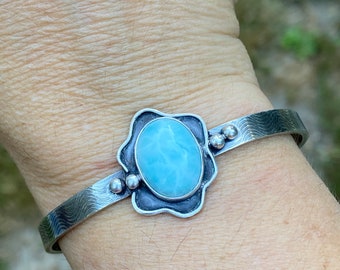 Larimar, cuff bracelet, sterling silver, fine silver, ocean, waves, 6 inches with a 1 inch gap, medium to large wrist