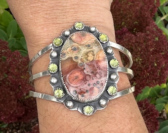 Ocean Jasper and peridot cuff bracelet. Sterling silver and fine silver. Handmade. 6 inches