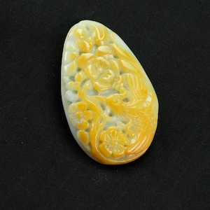 Golden Yellow Green Bird and Blossom Flower All Natural Burma Jadeite Jade Pendant