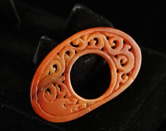 Oval Hollow Traditional Carving Badge Red Burmese Natural Jadeite Jade Pendant