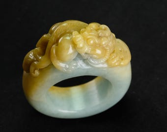 Pixiu Crown Carved Burma Jadeite Jade Ring Size 12.5 Fei Cui