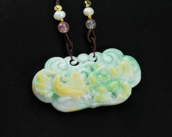 Phoenix Flower Yellow Green Burma Natural Jadeite Jade Pendant