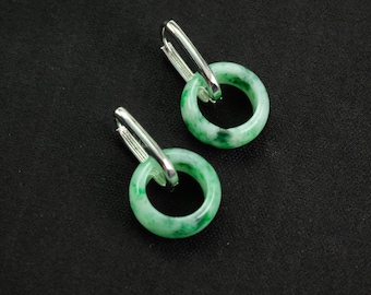 Top Rich Imperial Green Donut Natural Grade A Jadeite Jade 925 Silver Hoop Earrings