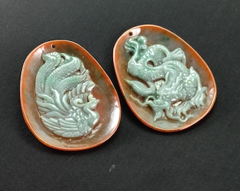 Extraordinary Pair of Dragon Phoenix 2 Color Burma Natural Jadeite Jade Pendant
