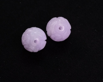 Pair of Round 1cm Wave Carved Lavender Beads Natural Burma Jadeite Jade Pendant