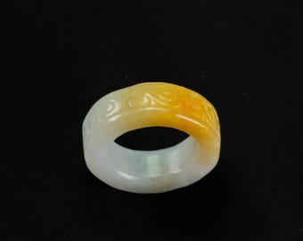 All Around Carving Yellow Burma Jadeite Jade Ring Size 5 Fei Cui