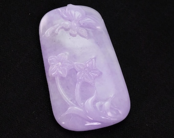 Butterfly on Flower Imperial Lavender Purple Burma Natural Jadeite Jade Pendant