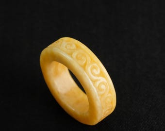 All Round Carved Yellow Jade Burma Jadeite Ring Size 6.5 Fei Cui