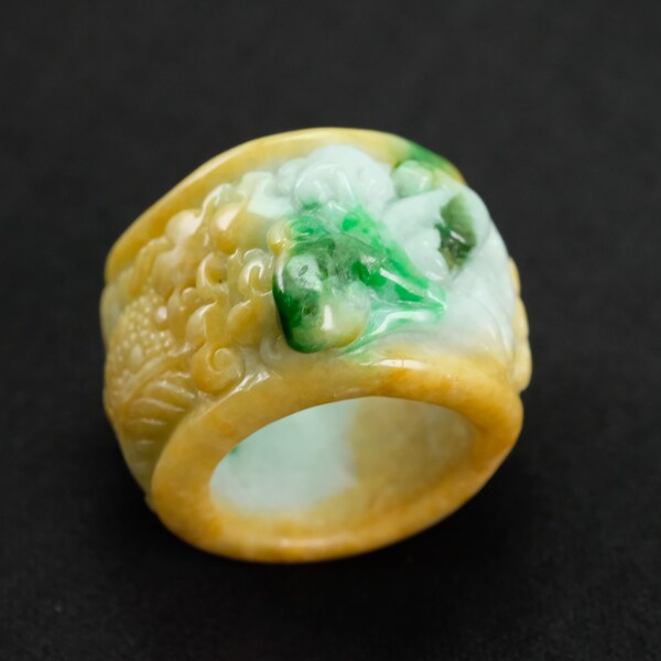 Rare 3 Color Imperial Green Dragon Coin Hand Carved Ring Size 10.5 Burma Natural Jadeite Jade