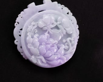 Floral Carving Badge Natural Jadeite Jade Pendant Necklace