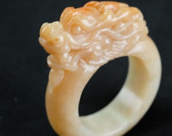 Dragon Head Crown Yellow Burma Jadeite Jade Ring Size 13 Fei Cui