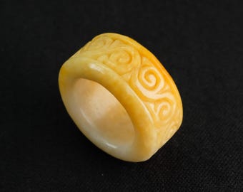 All Round Carved Yellow Jade Burma Jadeite Ring Size 6.5 Fei Cui
