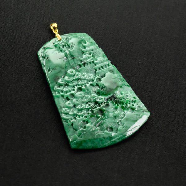 Glossy Imperial Green Jade Jadeite Pendant Landscape Scenery Design - mountain and cloud