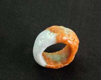 Whole Dragon Carved 2 Color Jade Burma Jadeite Ring Size 13 Fei Cui