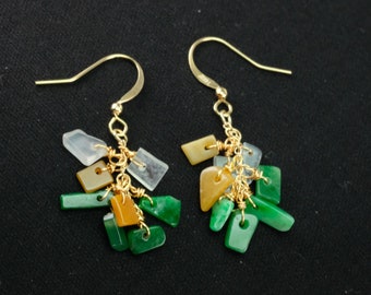 Multi Color Jadeite Jade Chips Earrings Chandelier 14k gold Grade A