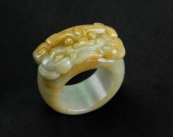 Pixiu Head Crown Yellow Burma Jadeite Jade Ring Size 12.5 Fei Cui