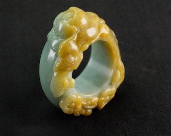 Flower Carving 2 Color Jade Burma Jadeite Ring Size 13 Fei Cui
