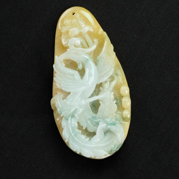 Floating Carved Phoenix Yellow Green Natural Handmade Genuine Jadeite Jade Pendant