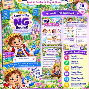 May include: A printable phonics workbook titled Learn the NG Sound for ages 4-5. The cover features a cartoon king and blue bird, with interior pages showing word exercises, a story, and skill-building activities like tracing and word searches.