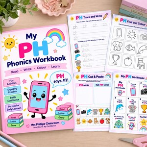 May include: A My PH Phonics Workbook with a pink cover featuring a cartoon phone, a rainbow, and a sun. The workbook includes three activity sheets titled PH Trace and Write, PH Find and Colour, PH Cut and Paste, and a My PH Mini Reader booklet.
