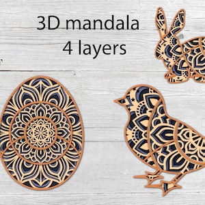 Easter - rabbit , chicken, egg  ,  3 D mandala , 4 layers , svg , eps, png, cdr, dxf  , DIgital download