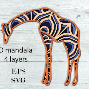Jirafa 1, descarga digital, SVG (capas separados) + archivo Eps, mandala 3D con 4 capas