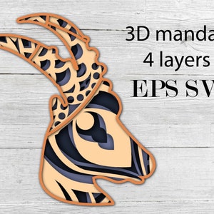 3D マンダラ CAPRICORN ヘッド、4 レイヤー、SVG EPS ファイル、Digitla; ダウンロード