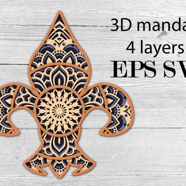 Fleur - de -  lis  , digital download , Svg files with seperate layers + Eps file , 3 D mandala with 4 layers