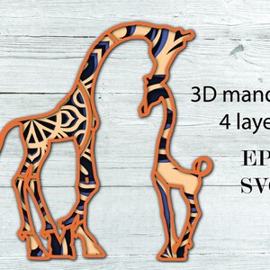 Jirafas con bebé, ,descarga digital , SVG ( Capas separados ) + Archivo Eps , Mandala 3D con 4 capas