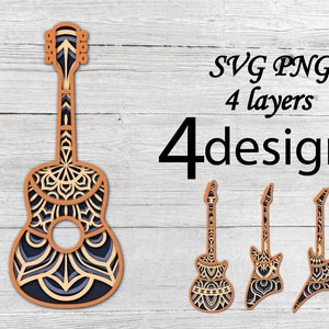 3 D mandala , 4 designs guitars , 4 layers , SVG and PNG files , DIgital download