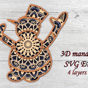 SNOWMAN , descarga digital , archivos Svg con capas separadas + archivo Eps , 3 D mandala con 4 capas