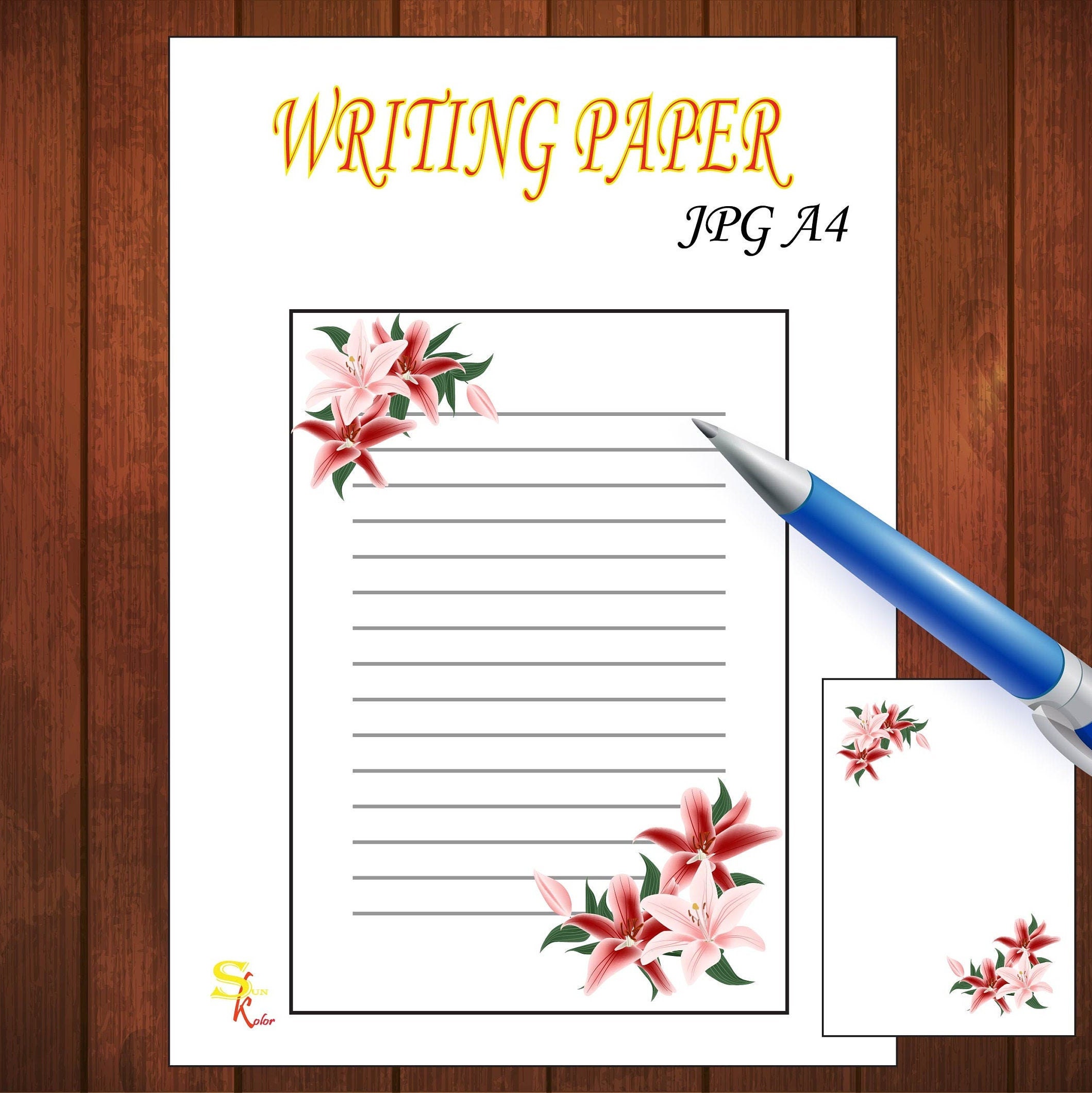 Writing paper FLOWERS Digital Download 5 designs with lines Etsy