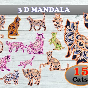 Pacchetto gatti, design 15 gatti, mandala 3 D, 4 -5 strati, svg, eps, download digitale