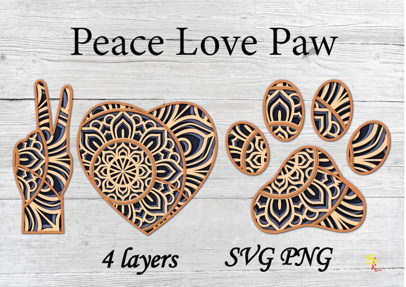 Download 3 D mandala PEACE LOVE PAW and Peace Sign 4 layers Svg | Etsy